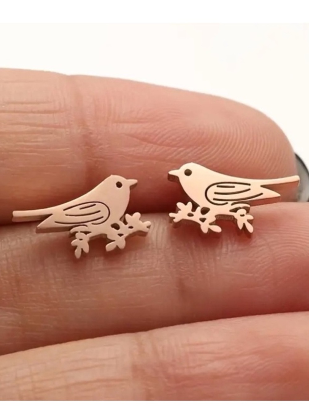 Beautiful Bird Sitting on a Branch Rose Gold Toned Stud Earrings